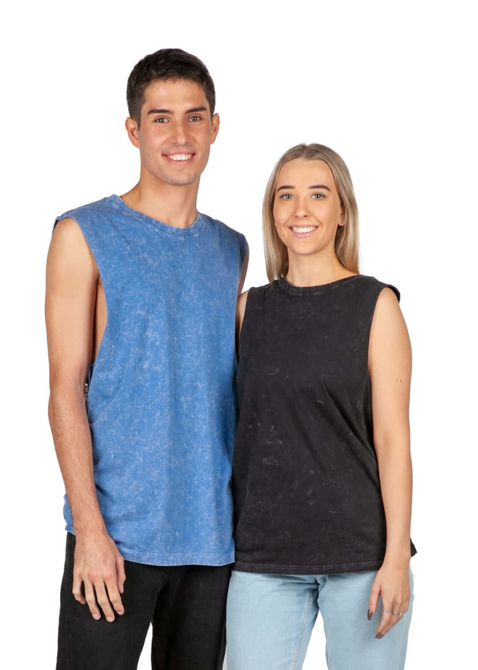 A blue stone washed tank top on a male model and a black stone washed tank top on a female model, both displaying simple designs.