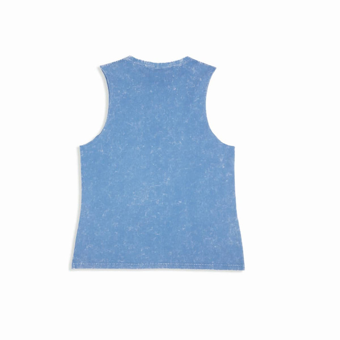 A blue stone-washed tank top with a sleeveless design, featuring a rounded neckline and a logo.