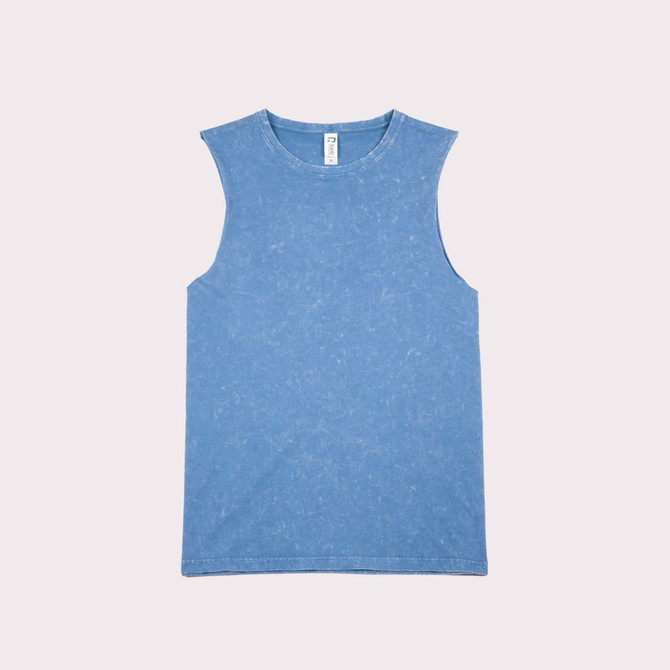 A stone-washed blue tank top with a sleeveless design and a branding label at the neckline.