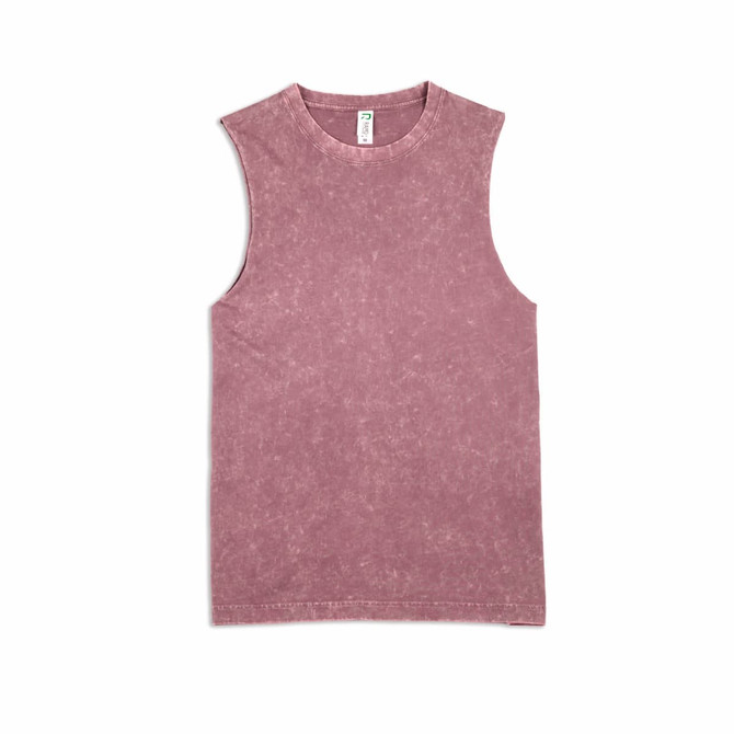A stone washed tank top in a soft mauve colour, featuring a sleeveless design and a simple logo.