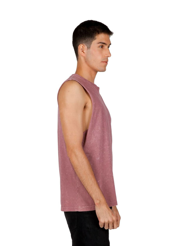 A men's stone wash tank in a muted mauve colour, featuring a sleeveless design and a simple logo.