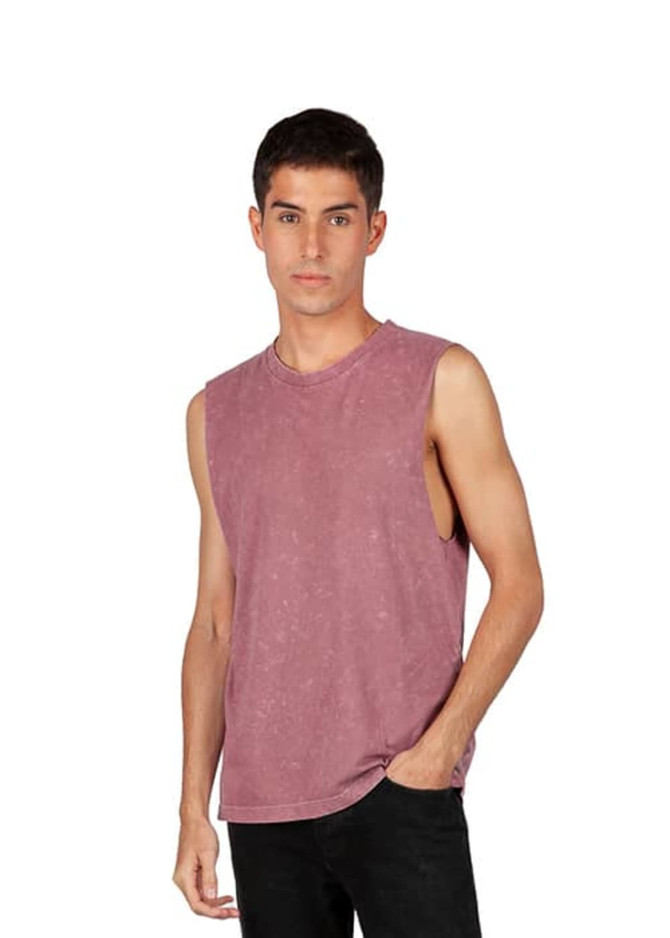 A men's stone wash tank in a dusty rose colour, featuring a sleeveless design and a subtle logo.