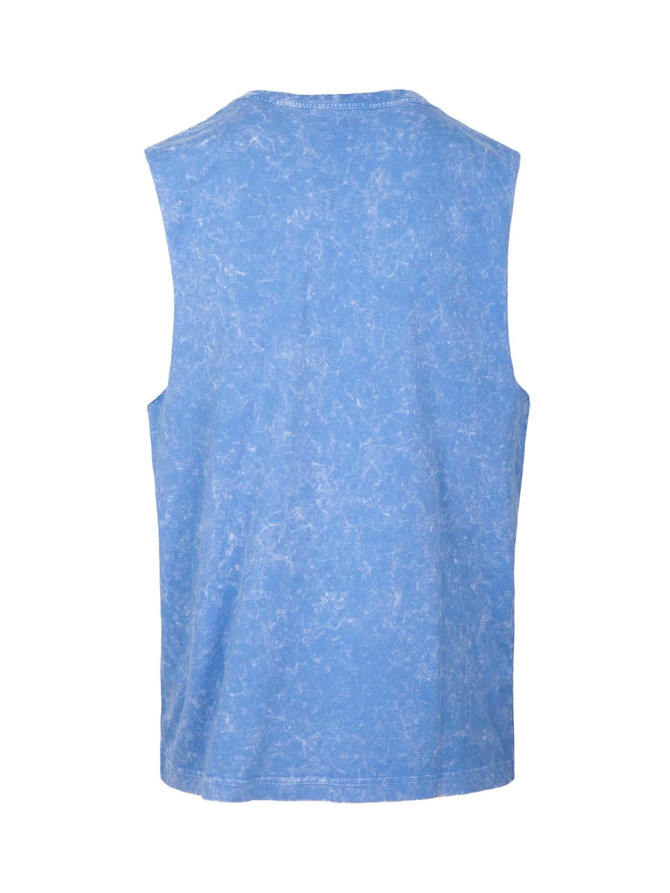 A blue stone wash sleeveless tank top featuring a classic cut and a simple back design.