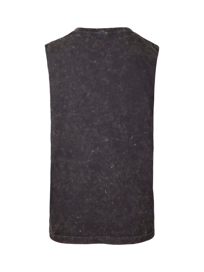A black stone wash tank top with a sleeveless design and a simple silhouette, featuring a logo.
