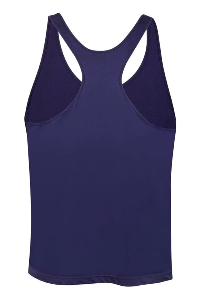 A navy blue men's T-back singlet with a racerback design and a logo on the back.