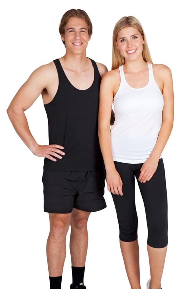 A black men's T-back singlet paired with shorts, alongside a woman in a white tank top and black leggings. Both garments have logos.