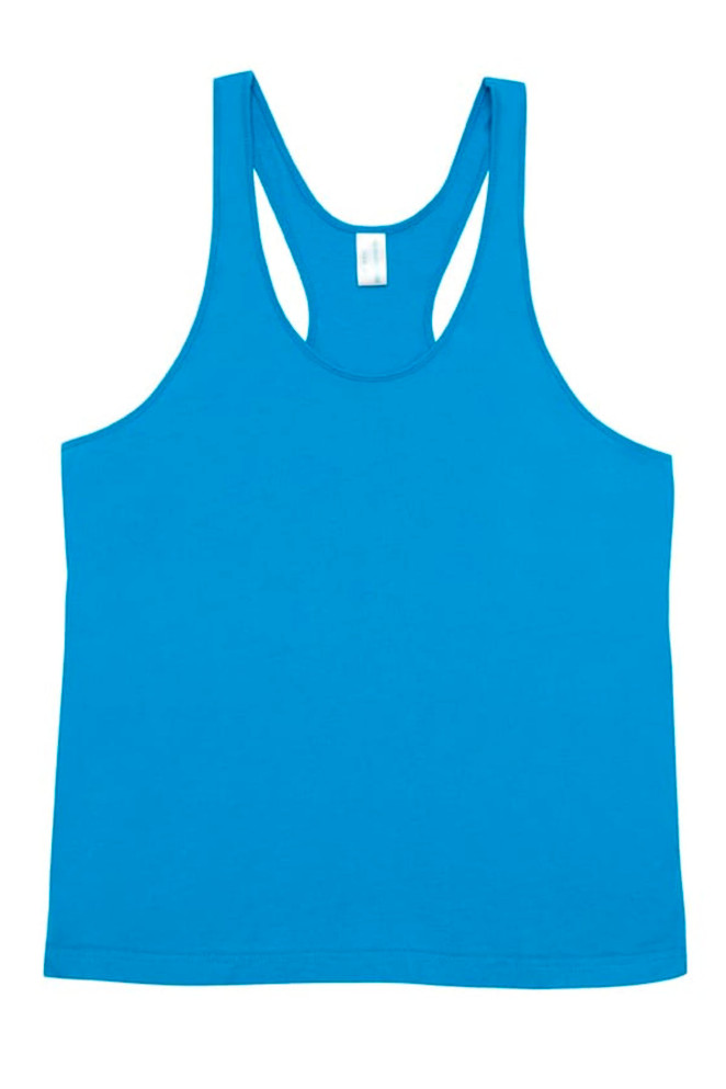 A bright blue men's T-back singlet with a smooth, sleeveless design and a label at the neckline.