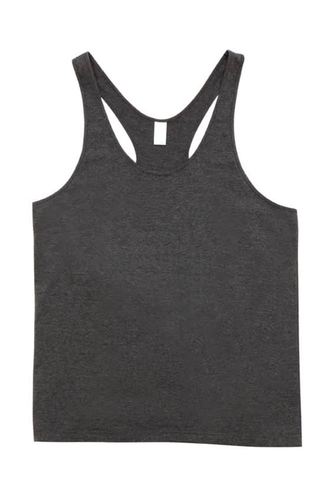 A dark grey men’s T-back singlet with a racerback design. Features a plain style without any visible logos.