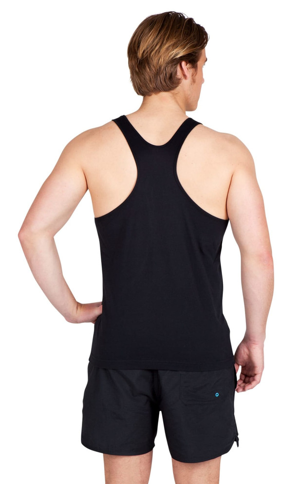 A black men’s T-back singlet displayed from the back, featuring a logo. The model is wearing black shorts.