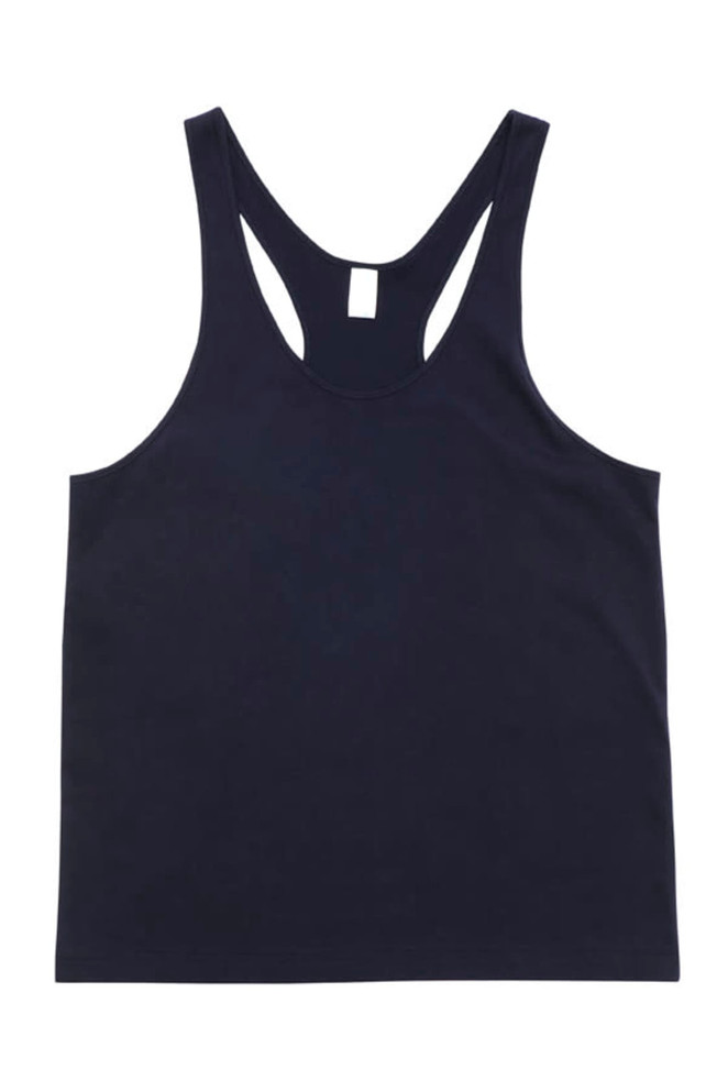 A navy blue men's T-back singlet featuring a racerback design and no visible branding.