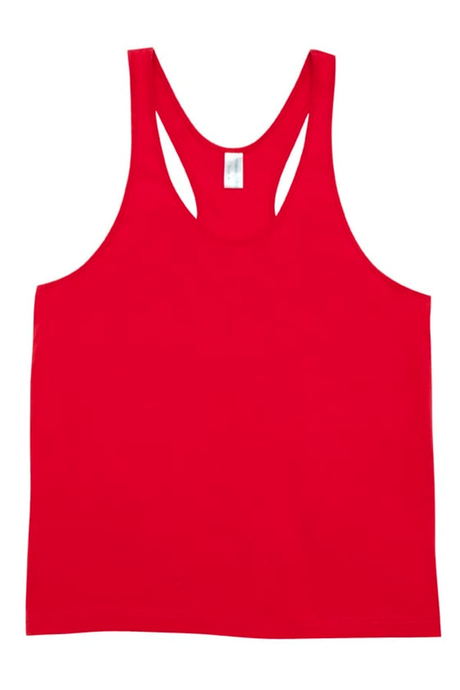 A red men's T-back singlet featuring a racerback design and a plain front. It has a logo on the label.