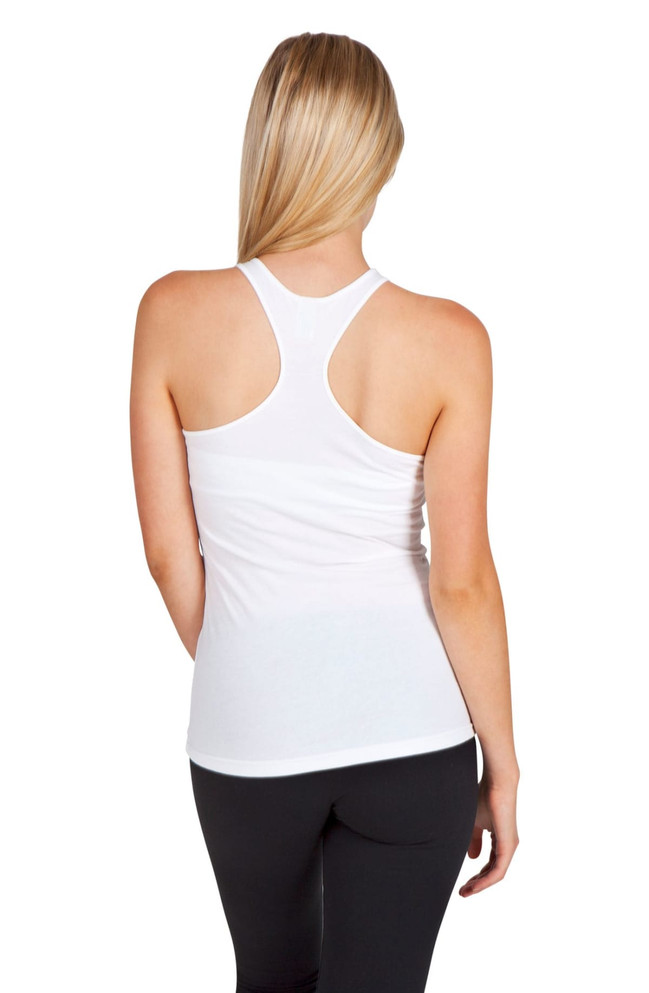 A white women's T-back singlet with a fitted design, featuring a racerback style.
