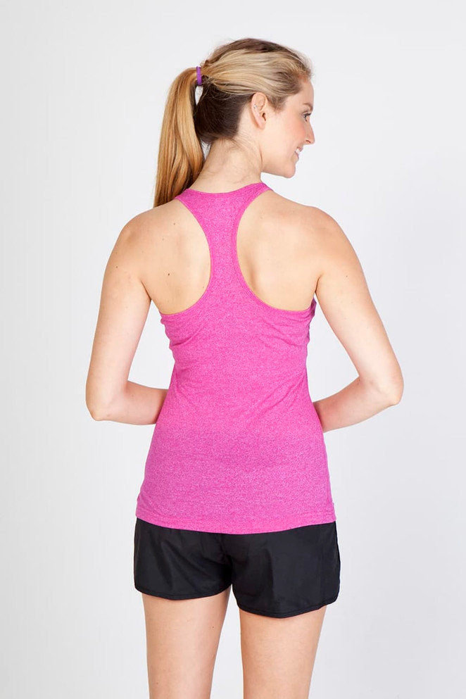 A pink athletic T-back singlet viewed from the back, paired with black shorts. The top features a branding logo.
