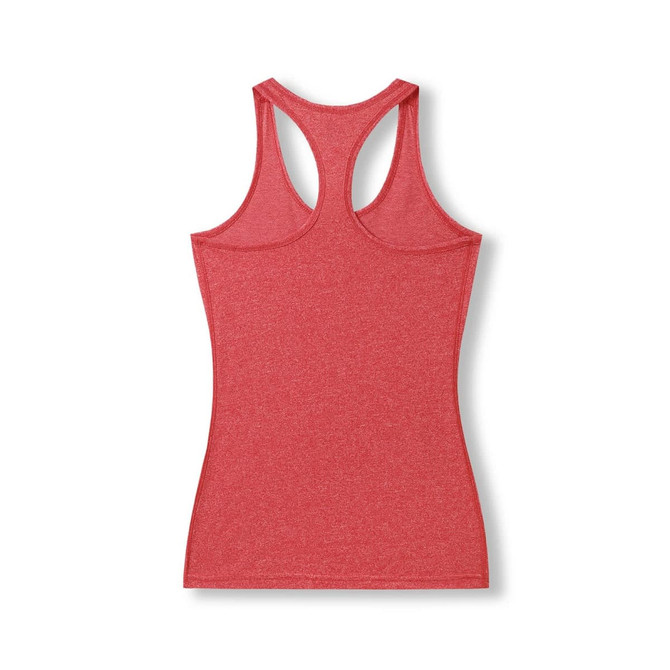 A red athletic T-back singlet featuring a standard back design and a logo.