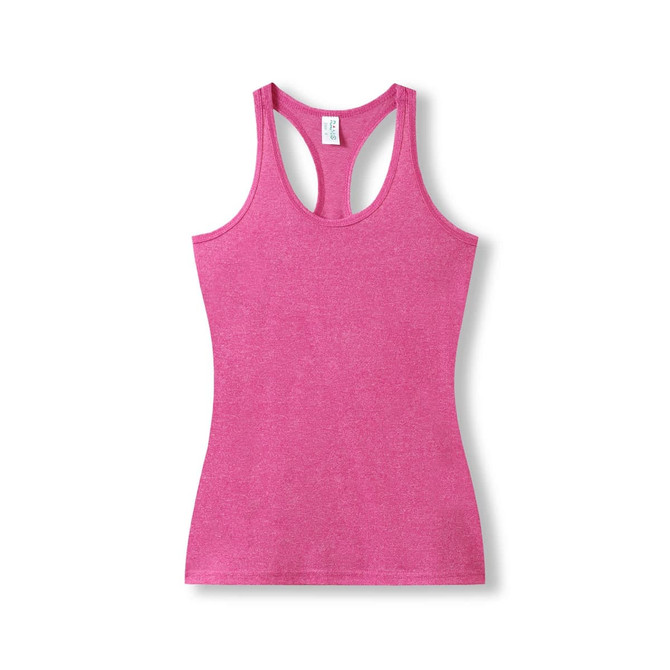 A pink athletic T-back singlet featuring a fitted design and a branded label.