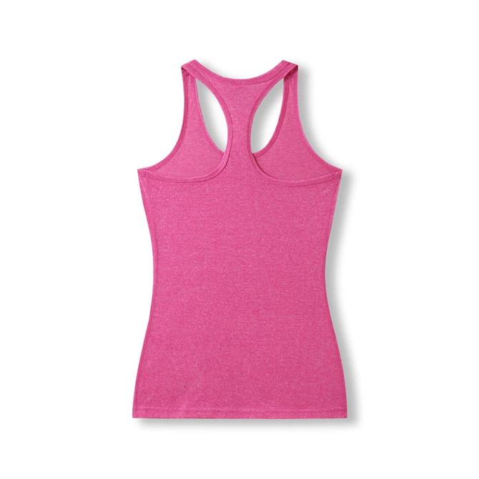 A pink athletic T-back singlet with a fitted design, featuring a smooth back and a branding logo.
