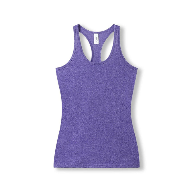 A purple women's athletic T-back singlet with a fitted design and a logo on the label.