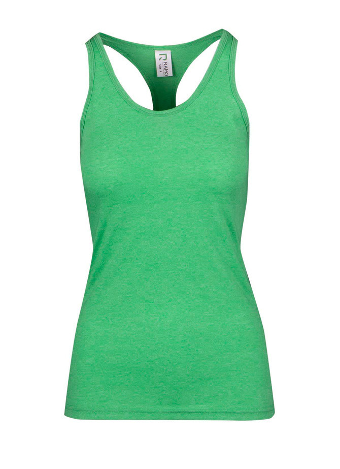 A green athletic T-back singlet featuring a logo, designed for women's activewear.