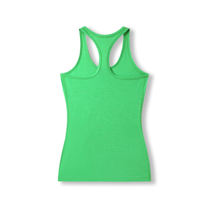 A green women's athletic T-back singlet featuring a fitted design and a logo.