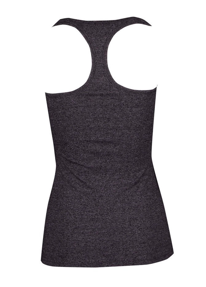A dark grey athletic T-back singlet featuring a fitted design and a logo.