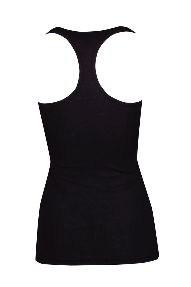 A black women’s athletic T-back singlet featuring a fitted design and a plain back. Includes a logo.
