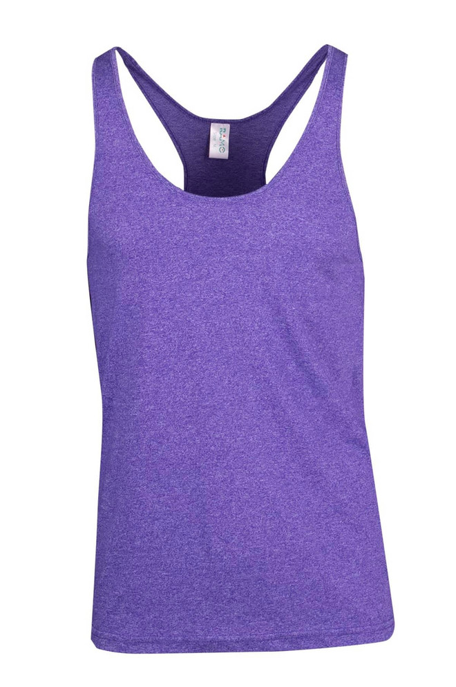 A purple athletic T-back singlet with a scoop neck and a simple design. It features a logo on the label.