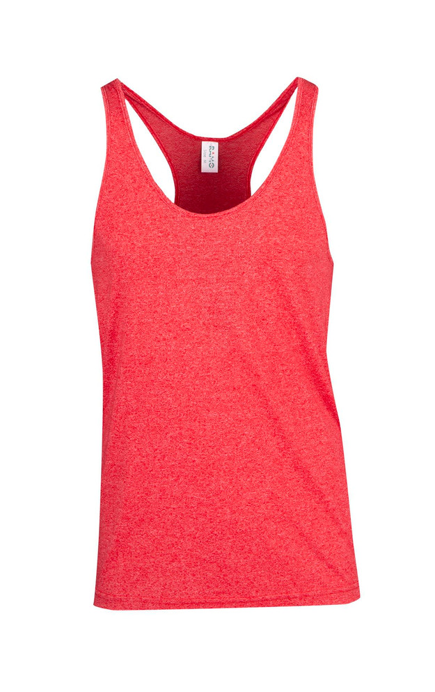 A red athletic T-back singlet with a soft texture and a branded label.