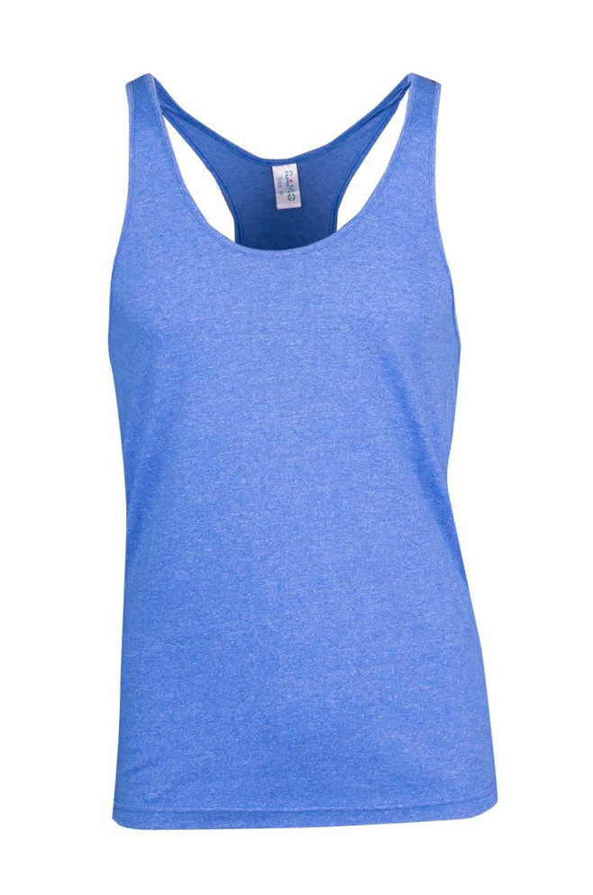 A blue athletic T-back singlet with a scoop neckline and a branding label inside.
