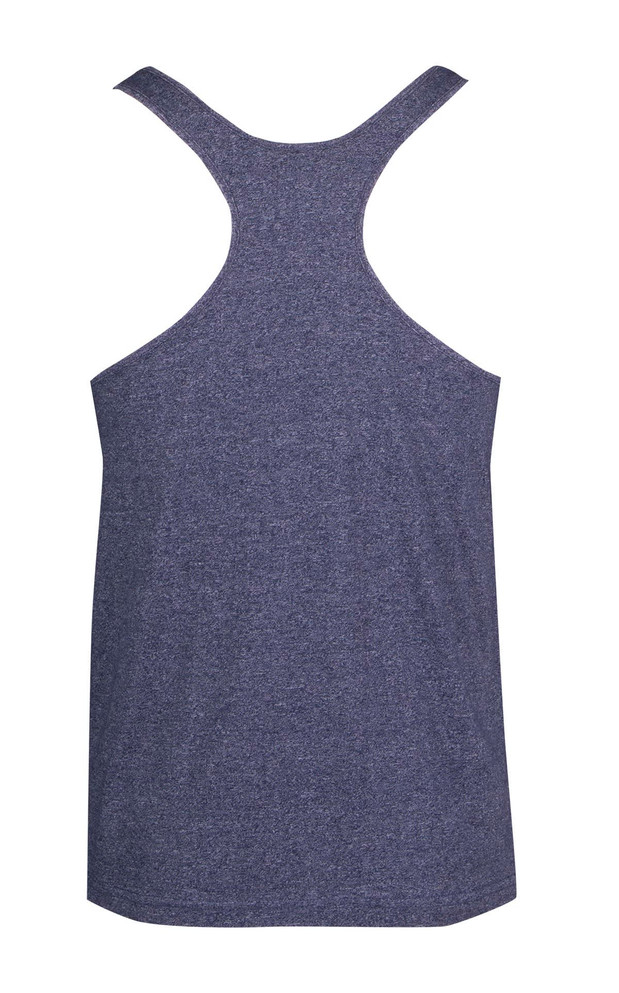 A navy blue athletic T-back singlet with a simple design and a logo on the back.