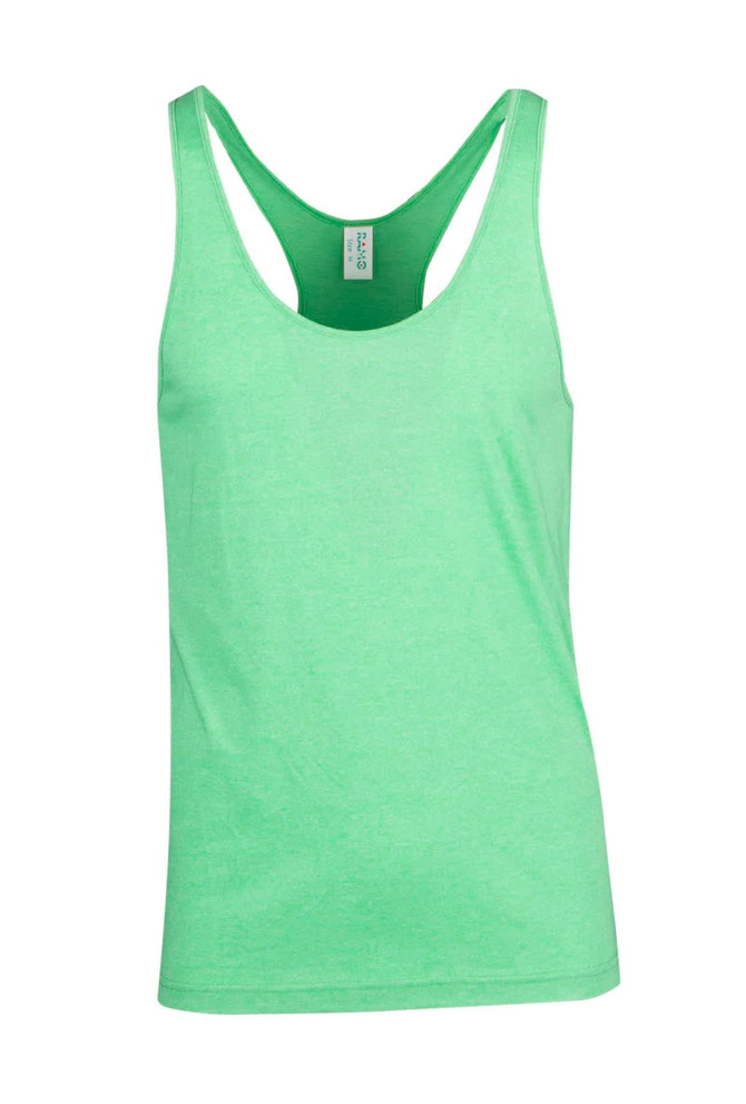 A green athletic T-back singlet featuring a simple design and a regular fit. It has a logo on the label.