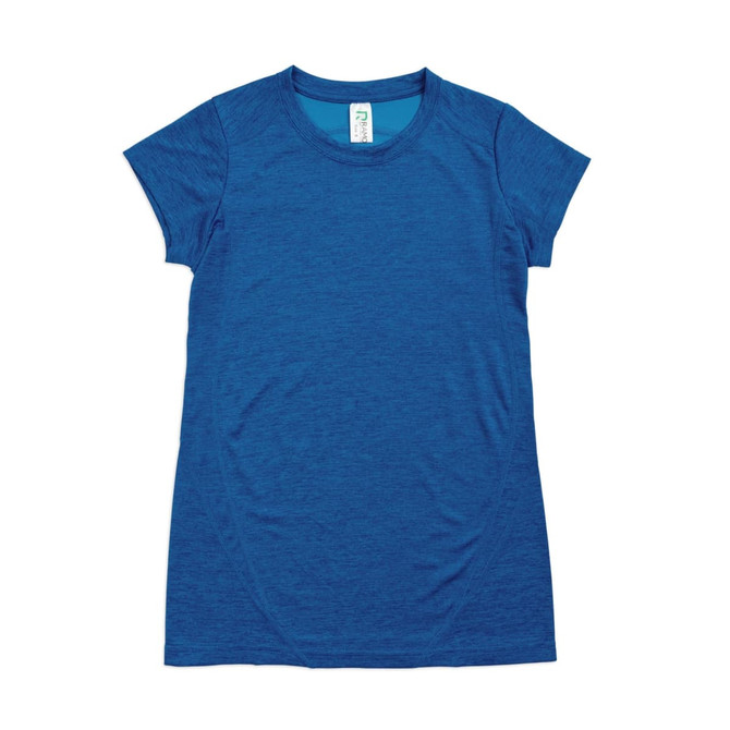 A blue women's T-shirt made of 100% polyester, featuring a round neckline and short sleeves. It has a logo.