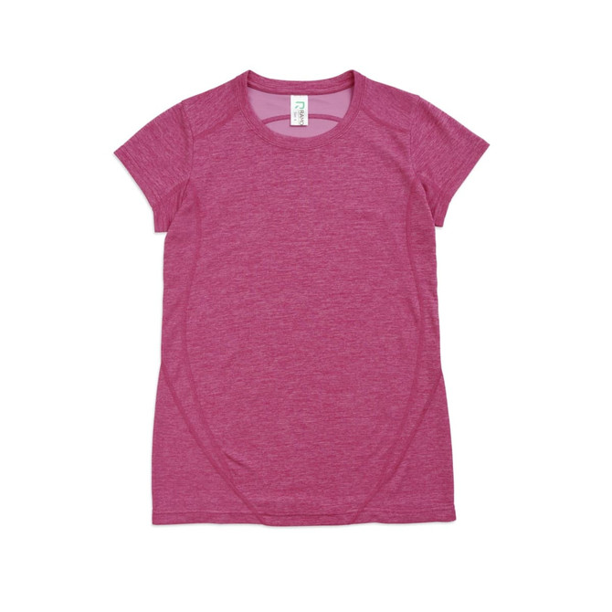 A women's T-shirt in a vibrant pink hue, made of 100% polyester, featuring short sleeves and a smooth design.