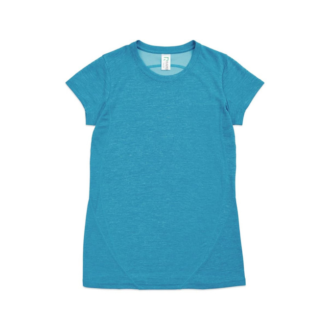 A turquoise women's T-shirt made from 100% polyester, featuring a fitted design and short sleeves.