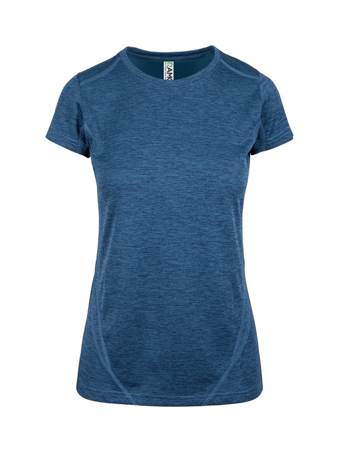 A women's short-sleeved T-shirt in a blue melange pattern, featuring a logo on the label.
