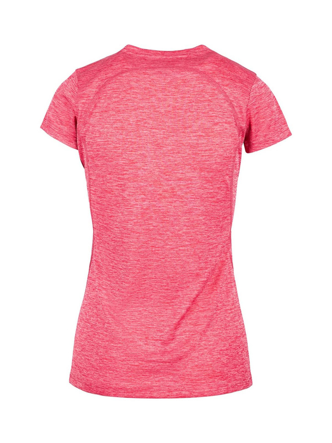 A pink women's T-shirt made of 100% polyester, featuring a smooth texture and a simple design on the back.