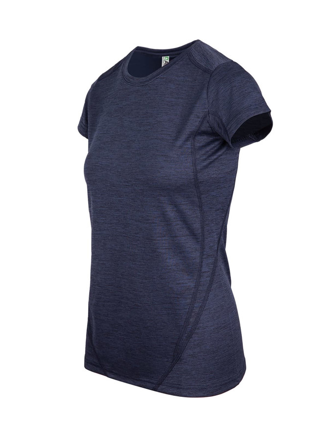 A navy women's T-shirt made of 100% polyester, featuring short sleeves and a fitted design. It includes a logo.