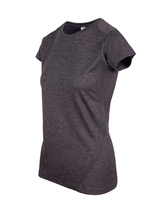 A women's short-sleeve T-shirt in dark grey, made of 100% polyester, featuring a logo on the front.
