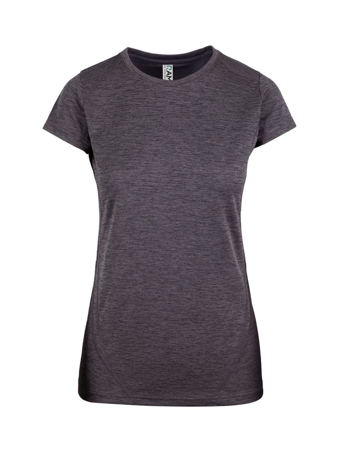 A women's short-sleeved T-shirt in dark grey with a fitted design and a logo on the neckline.