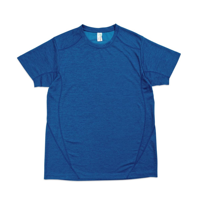 A blue unisex polyester T-shirt with short sleeves and a subtle texture, featuring a logo.
