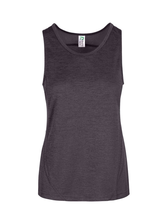 A women's singlet in dark grey, made from 100% polyester, featuring a logo on the label.