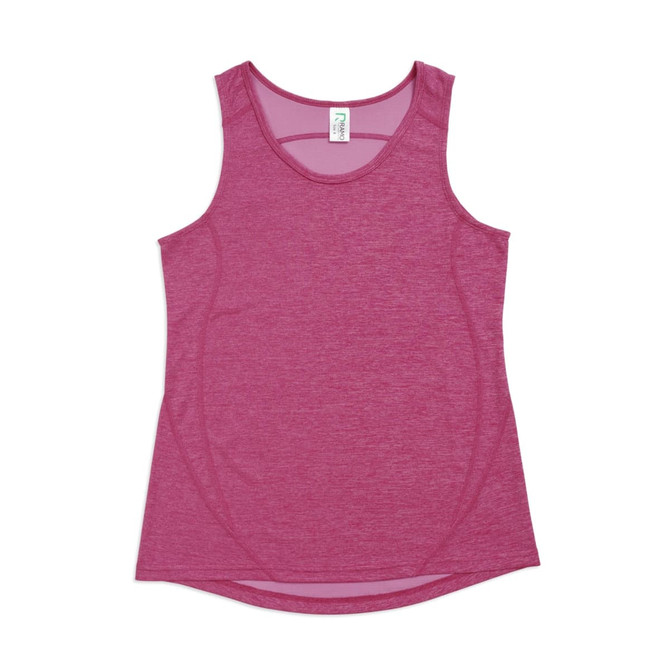 A pink women's singlet made from 100% polyester, featuring a simple design and a logo.
