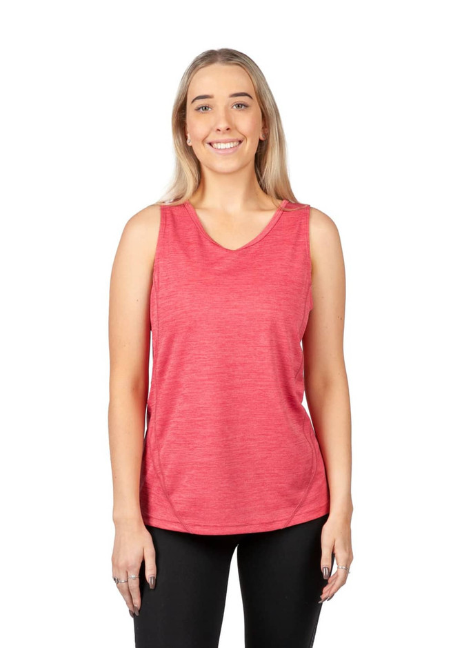 A pink women's singlet made from 100% polyester, featuring a rounded neckline and a branding logo.