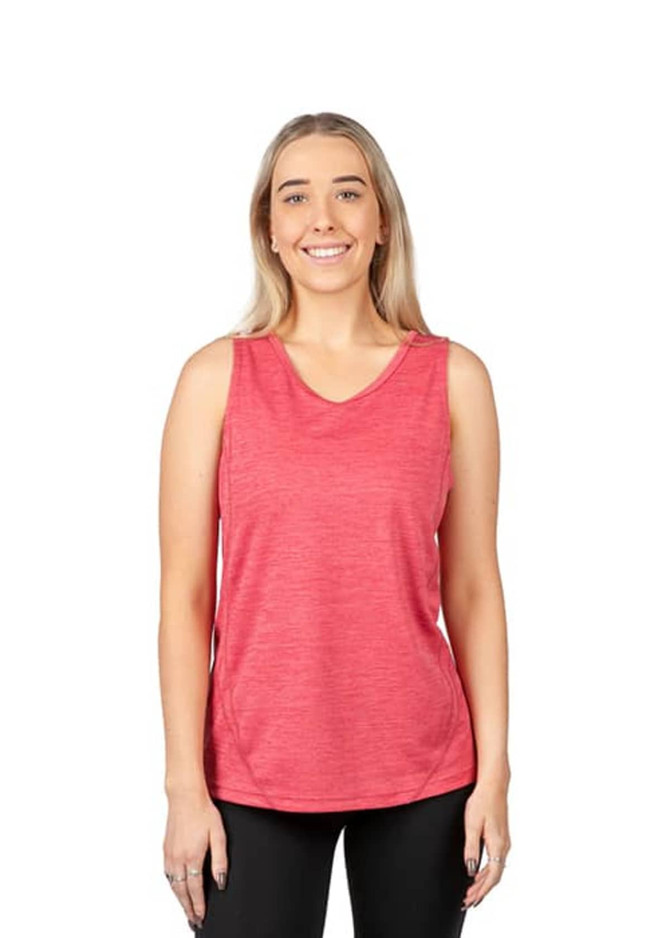A pink women's singlet made from 100% polyester, featuring a rounded neckline and a branding logo.