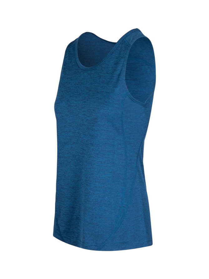A women's singlet in a deep blue colour, made of 100% polyester, featuring a relaxed fit and no sleeves.