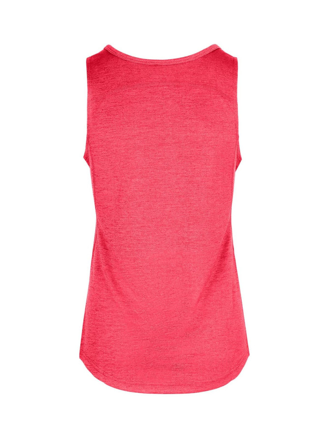 A pink women's singlet made from 100% polyester, featuring a simple design with a rounded neckline and no sleeves.