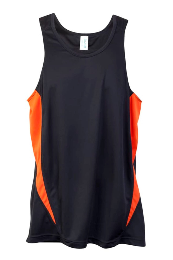 A black singlet featuring orange side panels and a logo. Ideal for comfortable, dry wear.