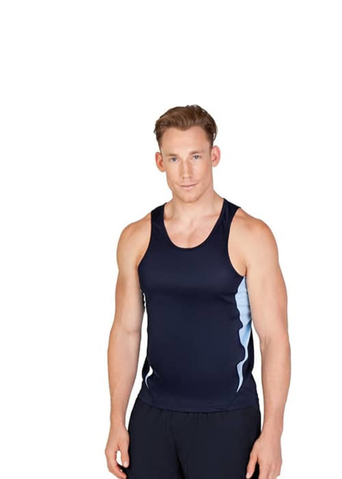 A navy singlet for men with light blue side panels, featuring a logo on the front.