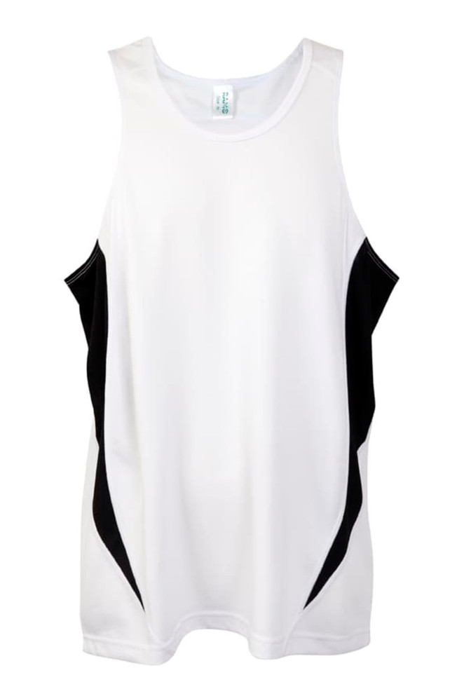 A white and black singlet with a sporty design, featuring a logo on the front.