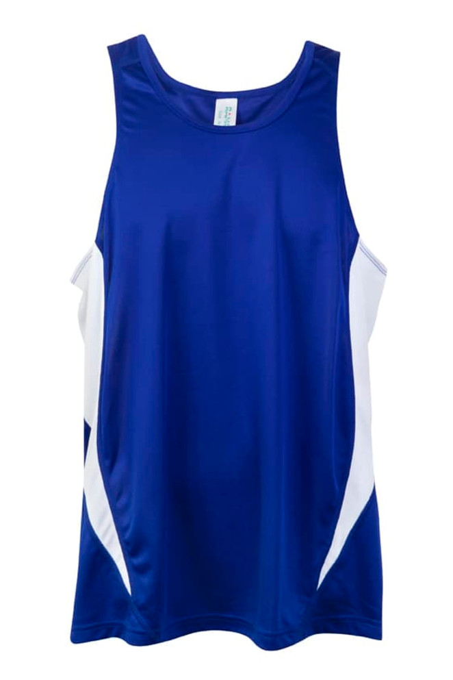 A blue and white men's singlet with a sporty design and a logo on the front.