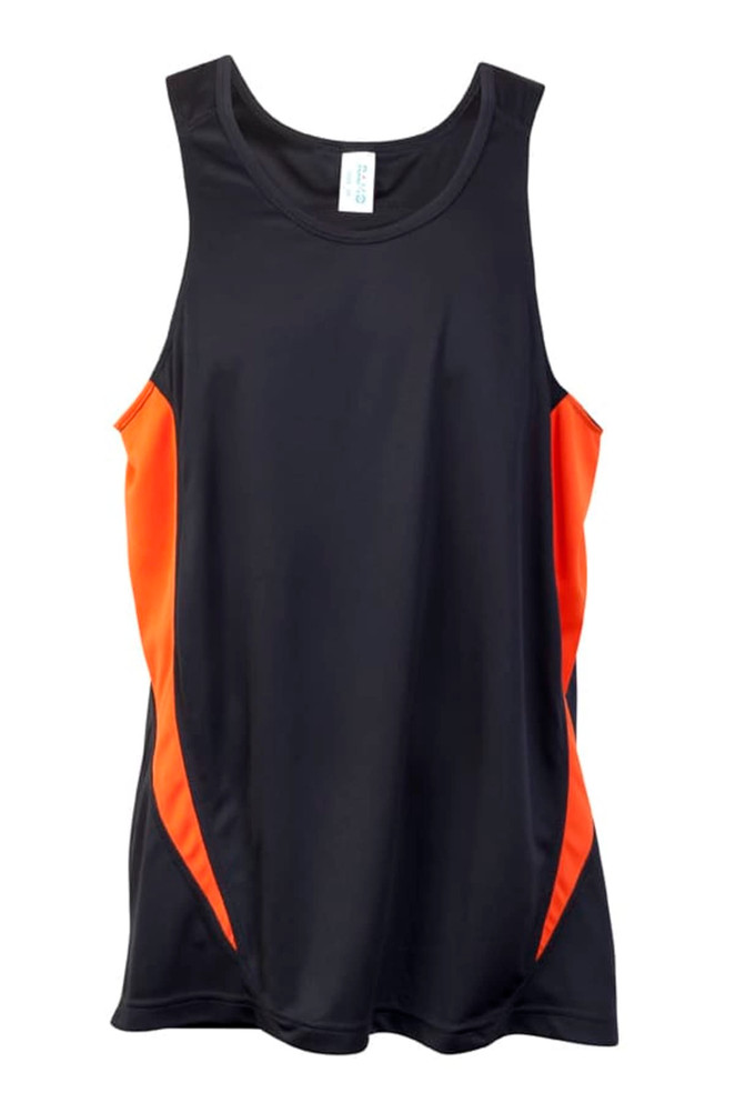 A black singlet with orange accents, featuring a logo on the front. Suitable for men's activewear.